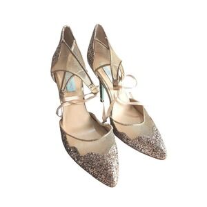 Betsey Johnson Stela Heels Women 9 Gold Glitter Mesh Wedding Sparkly Formal Prom